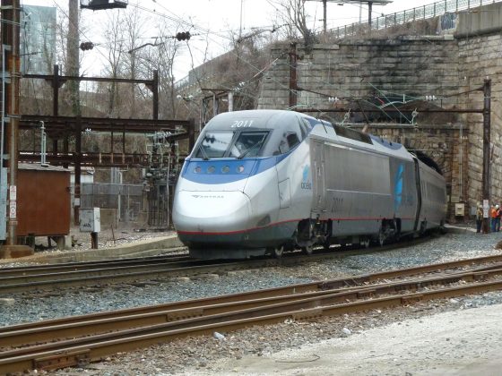 A train emerging from the former B&P Tunnel, now the Frederick Douglass Tunnel, the oldest tunnel on the Northeast Corridor. The 1.4-mile tunnel beneath densely populated West Baltimore connects Baltimore's Penn Station to points south.