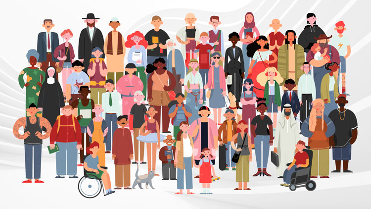 Socially diverse, multicultural, and multiracial illustration of people on an isolated white background.