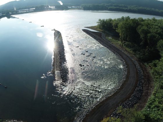 An aerial view of Lake Augusta, the Adam T. Bower Memorial Dam, and the new fishway.