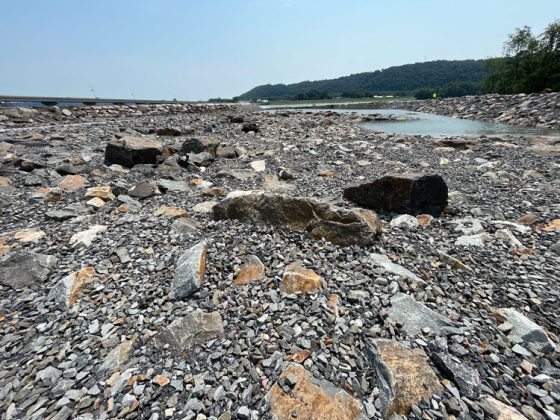 Boulders and smaller rocks line a shallow streambed without water.