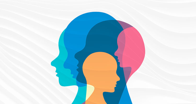 Illustration representing intersectionality. Heads of various colors and sizes overlap, creating multi exposure effect.