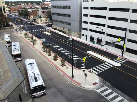 Lafayette Street in Norristown, Pa., with Norristown Transit Center at lower left.