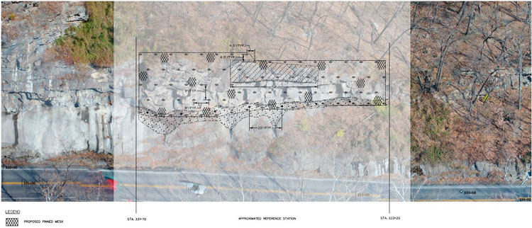A construction plan drawing for a rock slope mitigation scheme is layered over an aerial image.