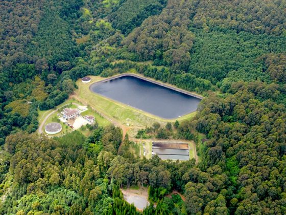 An aerial picture of a water reservoir surrounded by a forest in Maui, Hawaii.